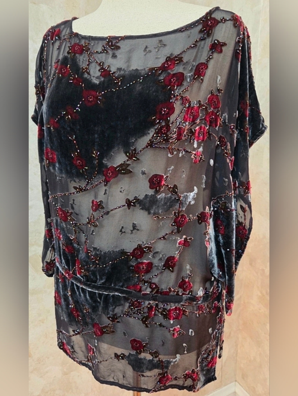 Mary Lucille Silk Velvet Burnout Beaded Top Large | Sheer Floral Art Blouse